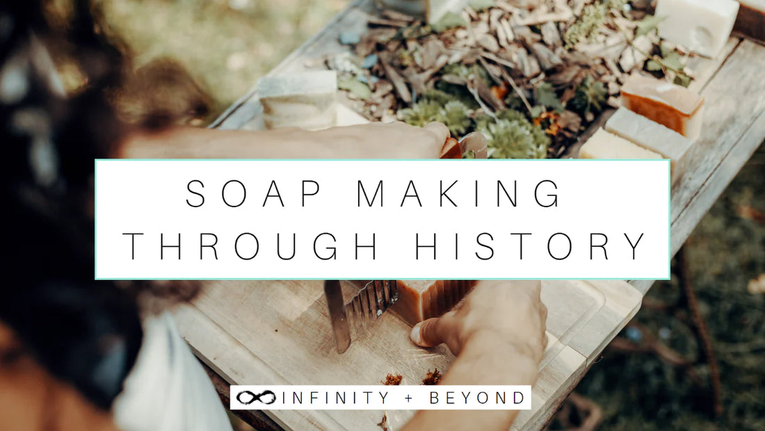 Soap Making Throughout History - Infinity + Beyond. Picture of a woman making soap bars and cutting them. Herbs on a wooden table. Soap Making.